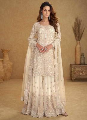 Cream embroidered net readymade sharara suit 1