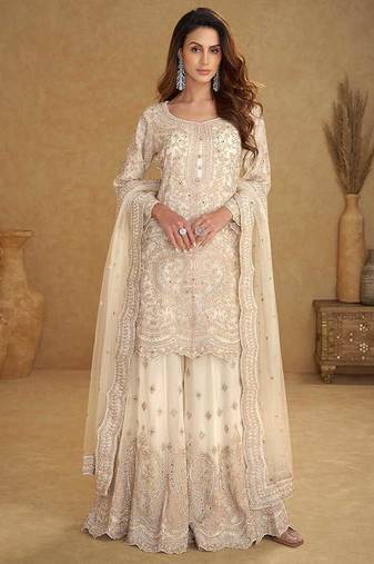 Cream embroidered net readymade sharara suit