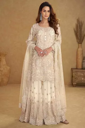 Cream embroidered net readymade sharara suit