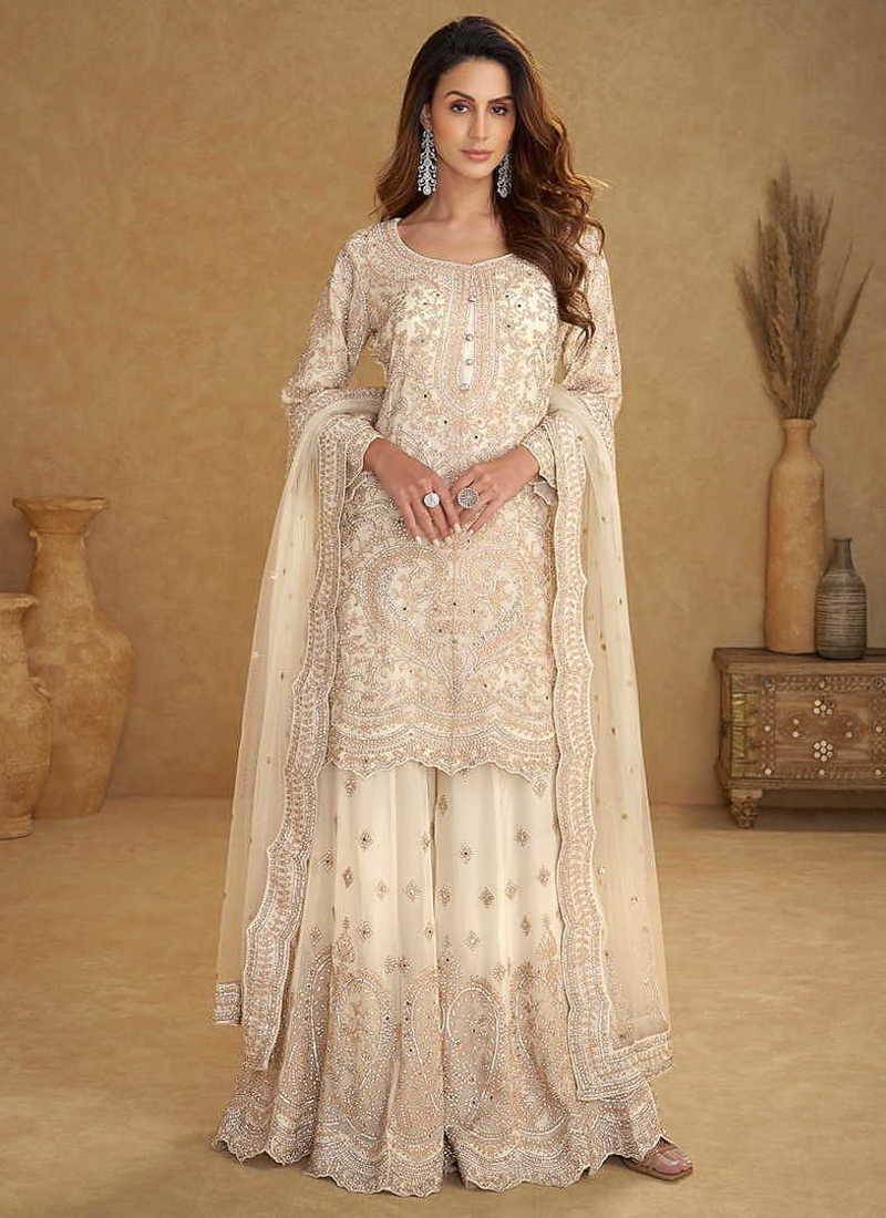 Cream embroidered net readymade sharara suit