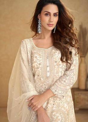 Cream embroidered net readymade sharara suit 2