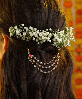 Ruby red stone triple layer pearl hair chain 1