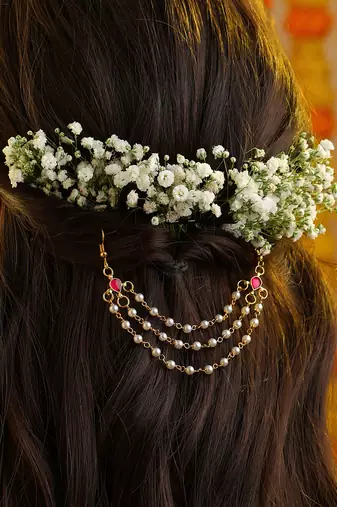 Ruby red stone triple layer pearl hair chain