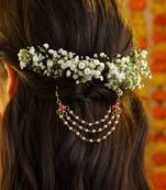 Ruby red stone triple layer pearl hair chain