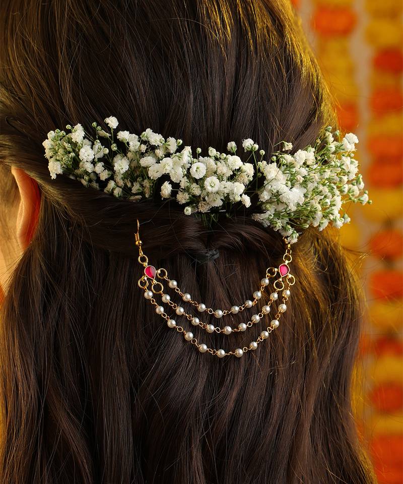 Ruby red stone triple layer pearl hair chain