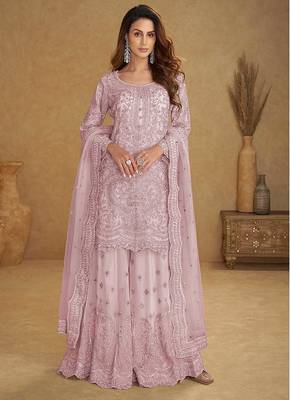 Blush pink embroidered net readymade sharara suit 1