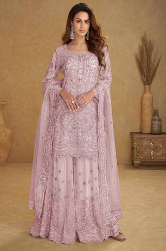 Blush pink embroidered net readymade sharara suit