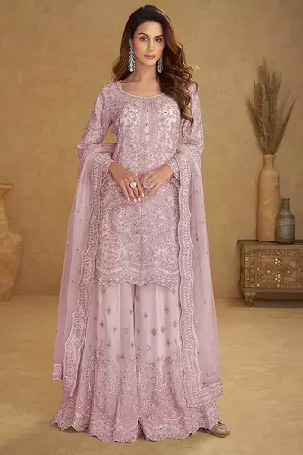 Blush pink embroidered net readymade sharara suit