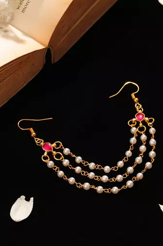 Ruby red stone triple layer pearl hair chain