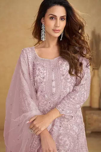 Blush pink embroidered net readymade sharara suit