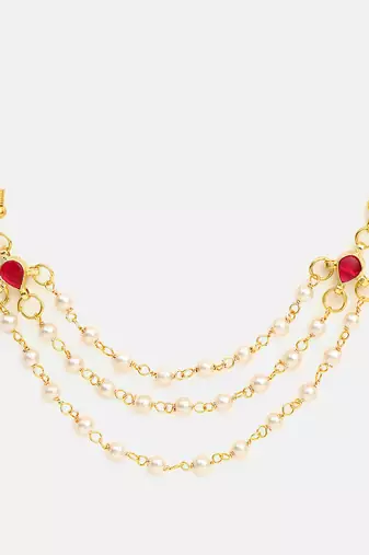 Ruby red stone triple layer pearl hair chain