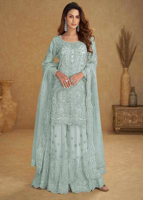 Sky blue embroidered net readymade sharara suit 1