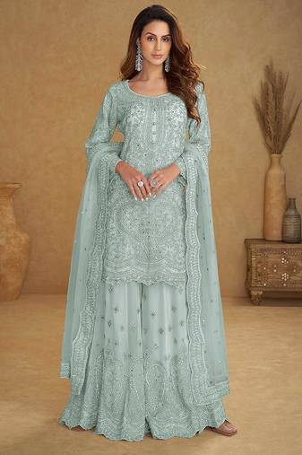 Sky blue embroidered net readymade sharara suit