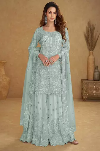 Sky blue embroidered net readymade sharara suit