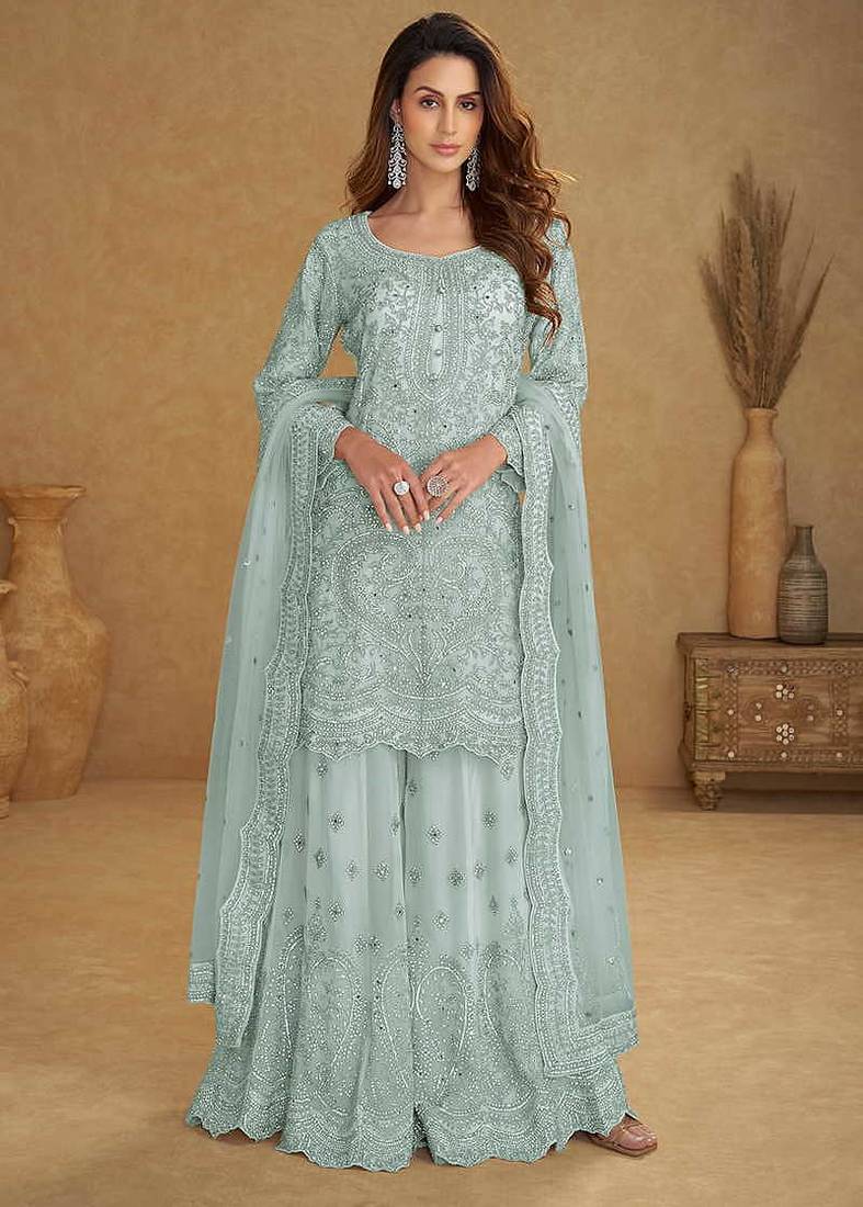 Sky blue embroidered net readymade sharara suit