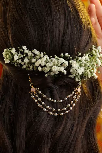 Rose pink stones triple layer pearl hair chain