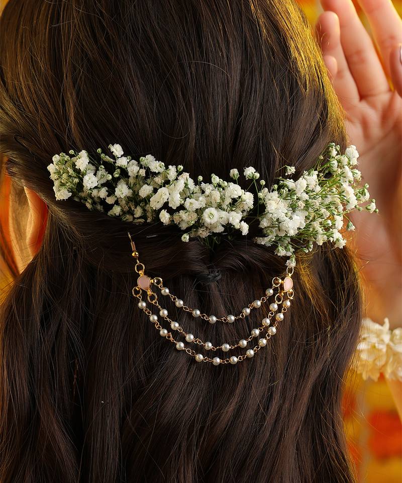 Rose pink stones triple layer pearl hair chain