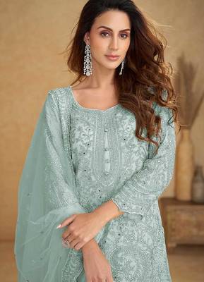 Sky blue embroidered net readymade sharara suit 2