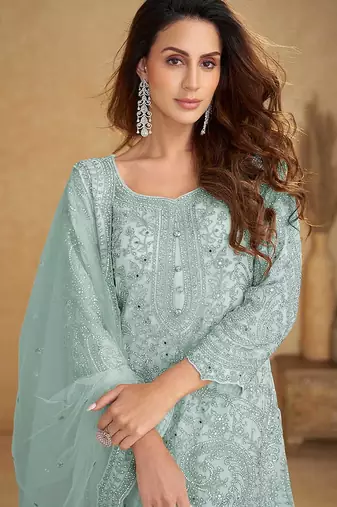 Sky blue embroidered net readymade sharara suit