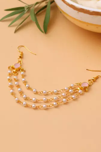 Rose pink stones triple layer pearl hair chain
