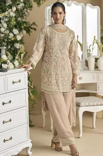 Light beige faux georgette embroidered readymade straight pant suit