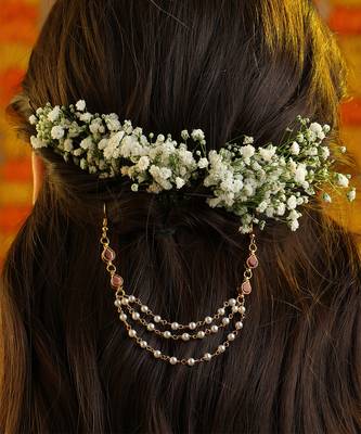Rose pink stones triple layer pearl hair chain 1