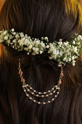 Rose pink stones triple layer pearl hair chain