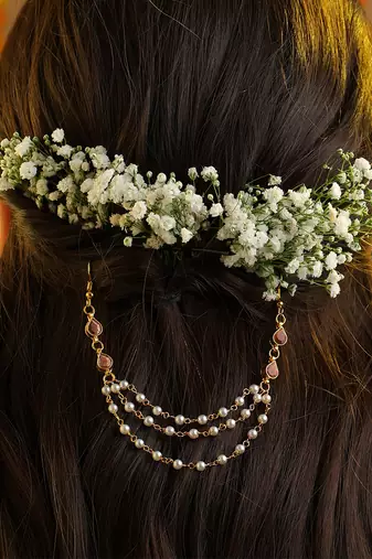 Rose pink stones triple layer pearl hair chain