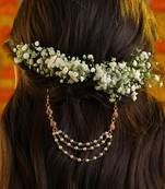 Rose pink stones triple layer pearl hair chain