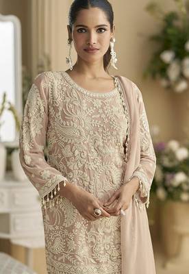 Light beige faux georgette embroidered readymade straight pant suit 2