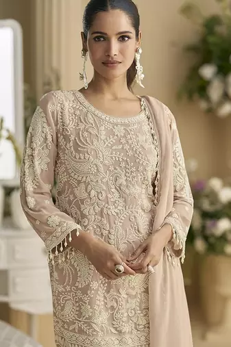 Light beige faux georgette embroidered readymade straight pant suit