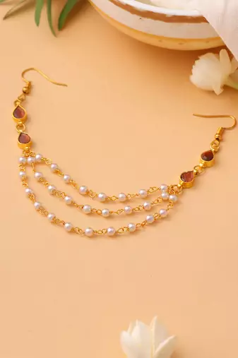 Rose pink stones triple layer pearl hair chain