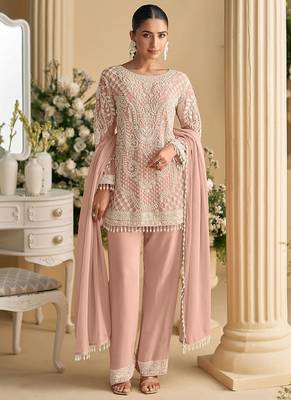 Light pink faux georgette embroidered readymade straight pant suit 1