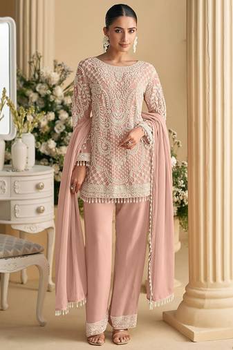 Light pink faux georgette embroidered readymade straight pant suit