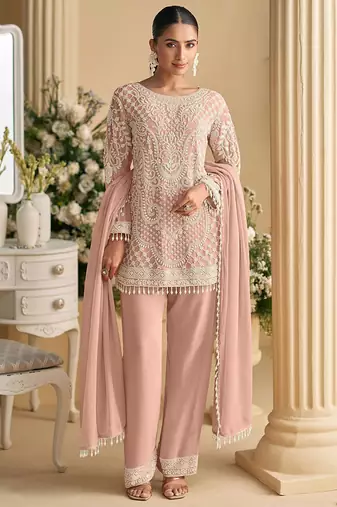 Light pink faux georgette embroidered readymade straight pant suit
