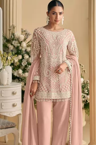 Light pink faux georgette embroidered readymade straight pant suit