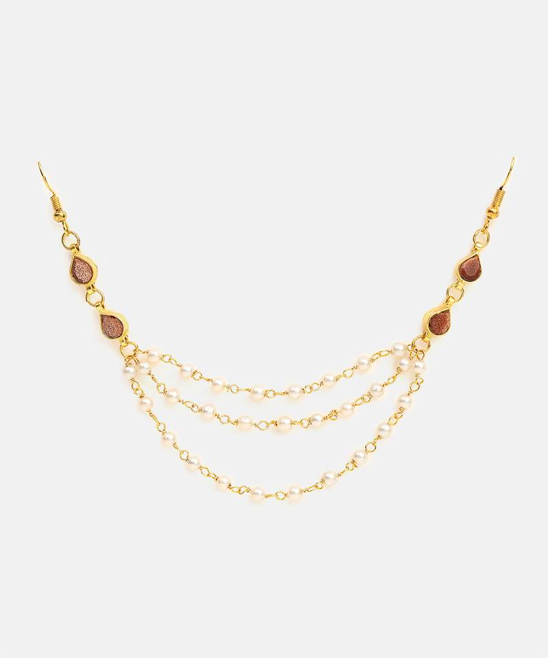 Rose pink stones triple layer pearl hair chain