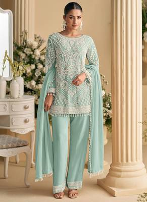Light blue faux georgette embroidered readymade straight pant suit 1