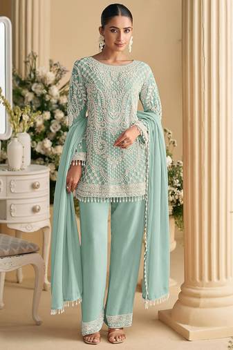 Light blue faux georgette embroidered readymade straight pant suit