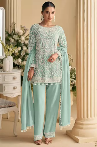 Light blue faux georgette embroidered readymade straight pant suit
