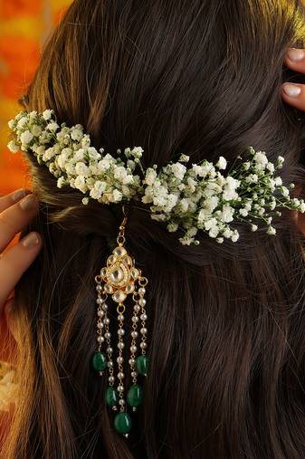 Green stones polki teardrop hair tassel