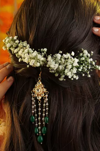 Green stones polki teardrop hair tassel