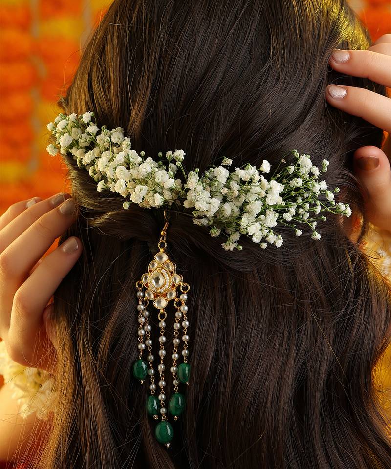 Green stones polki teardrop hair tassel
