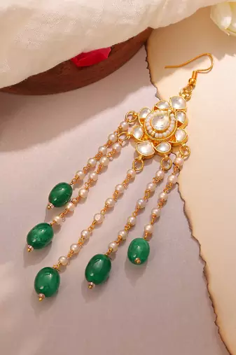 Green stones polki teardrop hair tassel