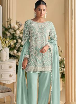 Light blue faux georgette embroidered readymade straight pant suit 2