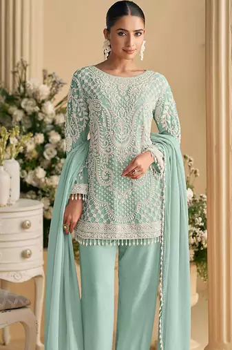 Light blue faux georgette embroidered readymade straight pant suit