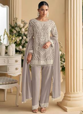 Light grey faux georgette embroidered readymade straight pant suit 1