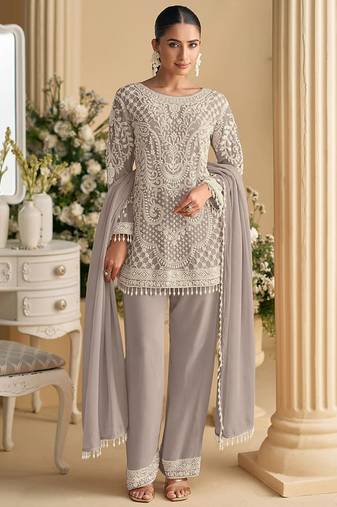 Light grey faux georgette embroidered readymade straight pant suit