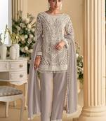 Light grey faux georgette embroidered readymade straight pant suit
