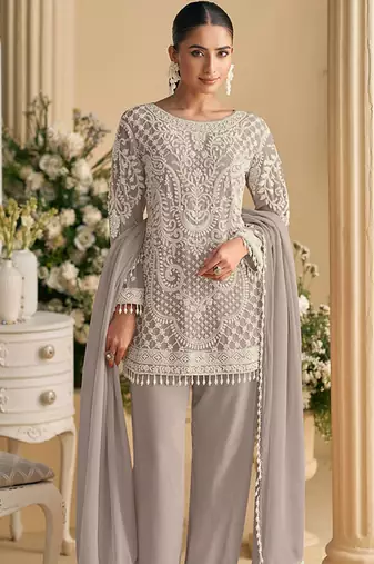 Light grey faux georgette embroidered readymade straight pant suit